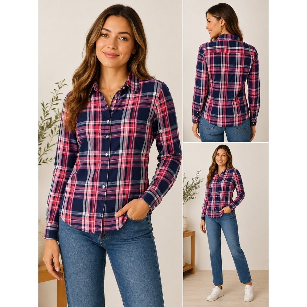 Tommy Hilfiger Women's Medium Plaid Button Down Shirt 100% Cotton Navy Pink